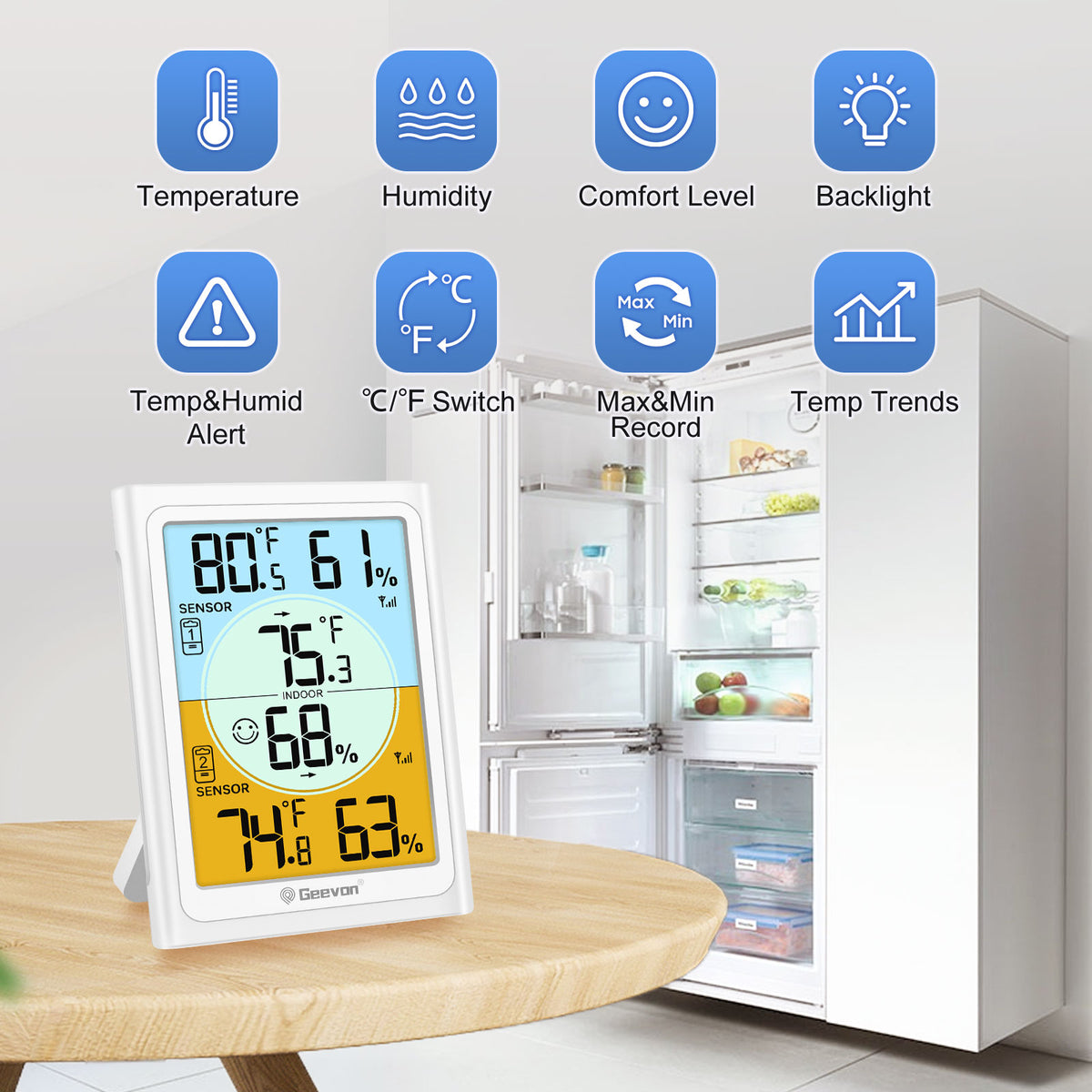 Geevon Wireless Refrigerator Thermometer, Dual Sensor Wireless Digital Fridge Freezer Thermometer Hygrometer with Alarm, Backlight, 330FT Remote Range for Home and Restaurants