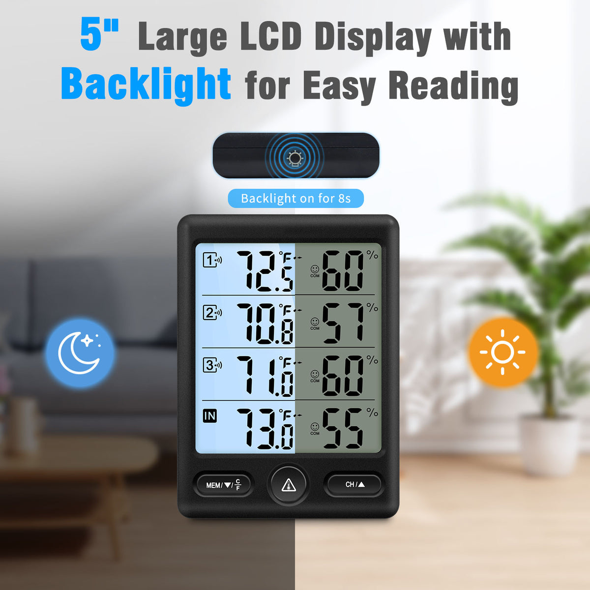 Geevon Indoor Outdoor Thermometer Wireless, 5-Inch Display with 3 Remote Sensors Wireless Thermohygrometer, Digital Temperature Humidity Meter with 200FT/60M Range(Black Backlight)