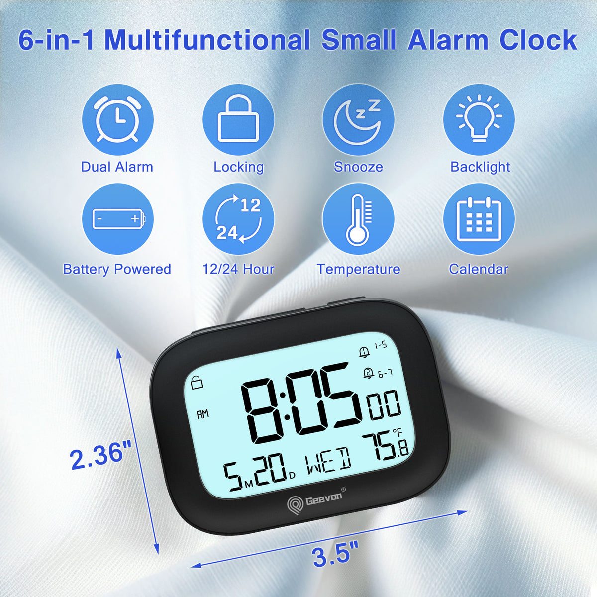 Geevon Small Travel Alarm Clock, Digital Alarm Clocks for Bedrooms Home Office, Battery Operated Desk Clock with 3 Inch Large Display, 2 Alarms, 5s Backlight, Snooze, Indoor Temperature(Black)