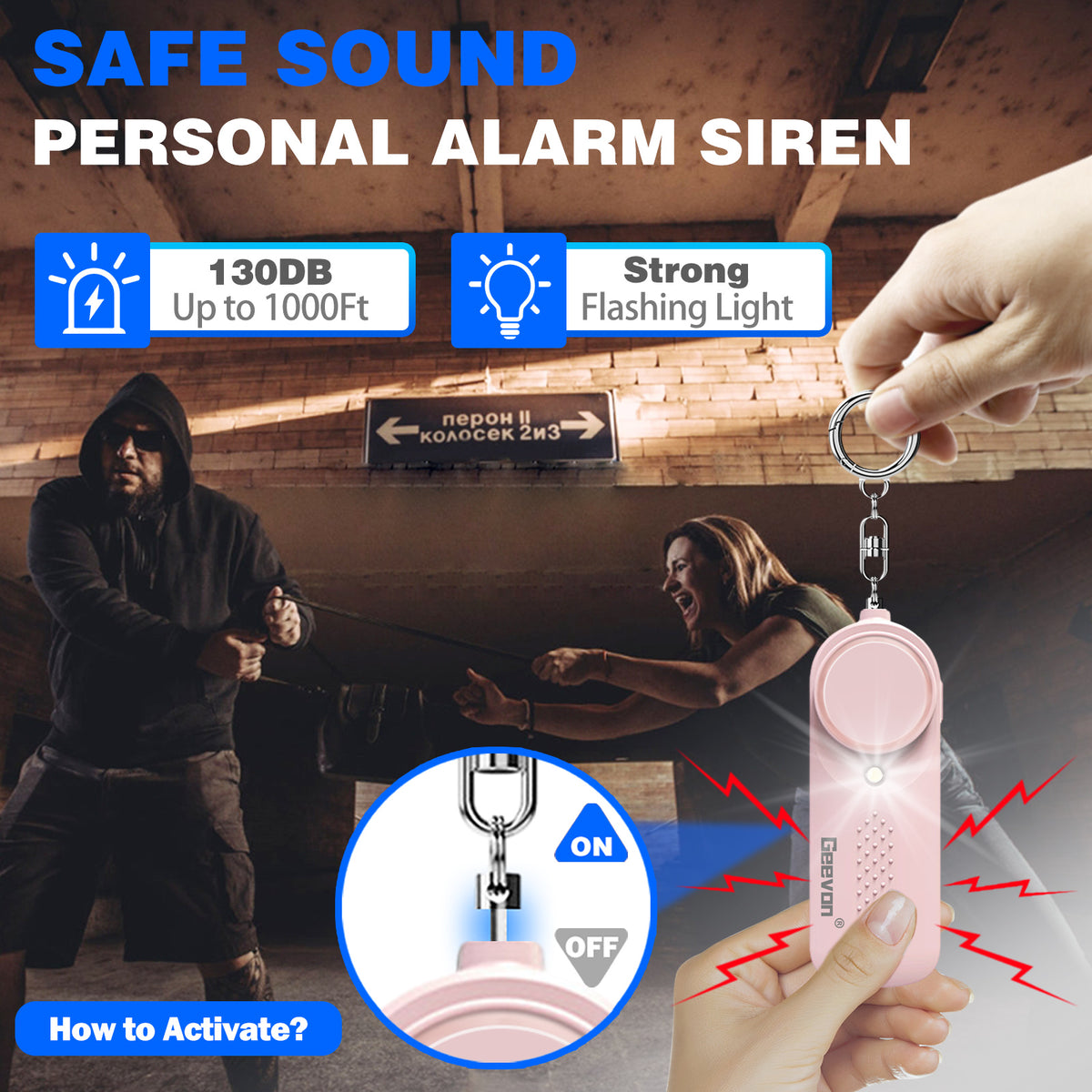 Geevon 2 Pack Personal Safety Alarms, 130DB Safe Sound Self Defense Alarm Siren with Strobe Light, Emergency Security Alert Devices for Women, Men, Elderly, Children (Pink - 2 Pack)