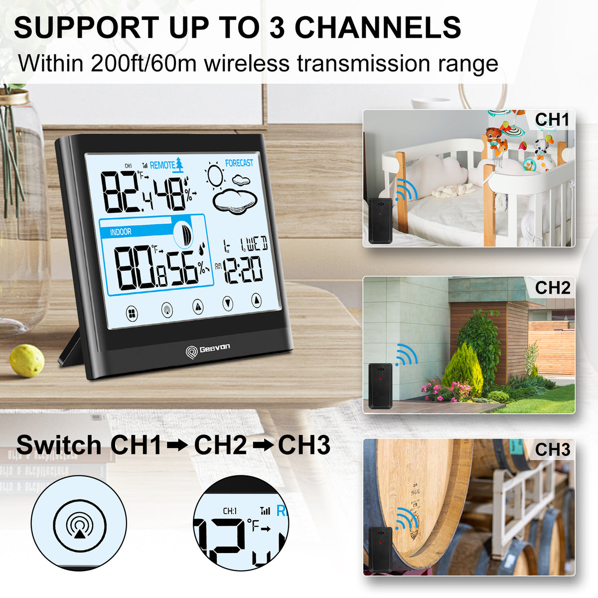 Geevon Weather Station Indoor Outdoor Thermometer Digital Wireless, Outdoor Thermometer with Backlight LCD Display & Alarm Clock for Home Office