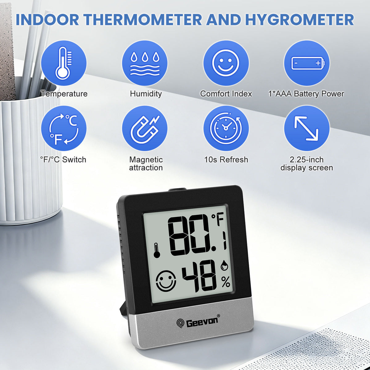 Geevon Digital Hygrometer, 3 Pack Indoor Thermometer Indoor Thermohygrometer with Battery, Digital Temperature Humidity Meter Indicator for Home, Office, Greenhouse, Mini Hygrometer(Black)