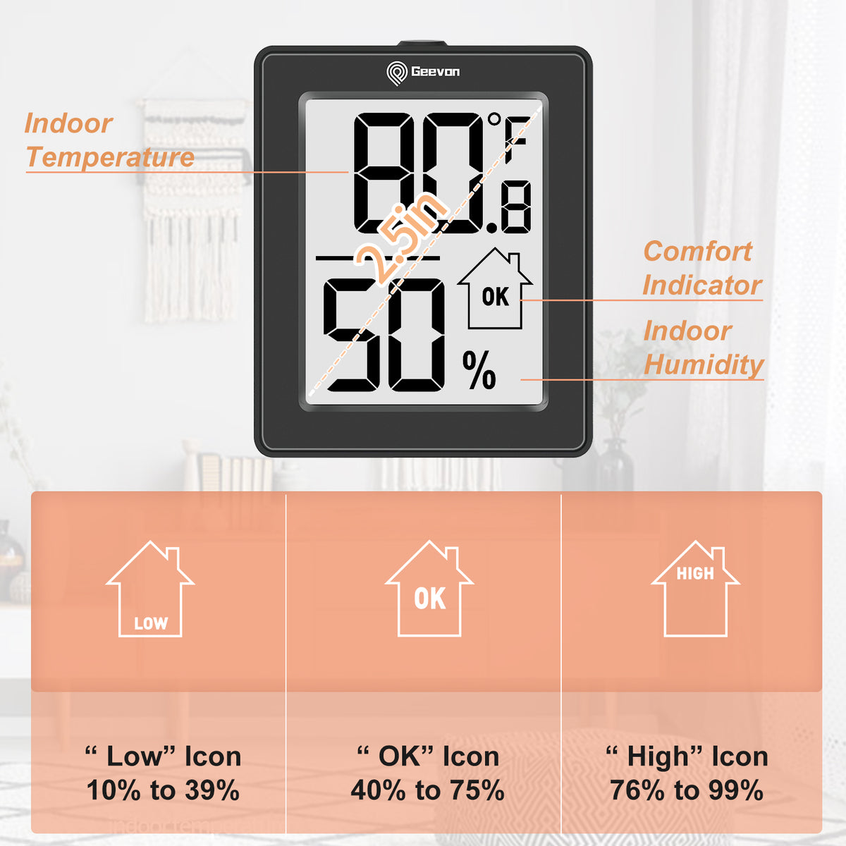 Geevon Digital Hygrometer, 3 Pack Indoor Thermometer Indoor Thermohygrometer with Battery, Digital Temperature Humidity Meter Indicator for Home, Office, Greenhouse, Mini Hygrometer(Black)