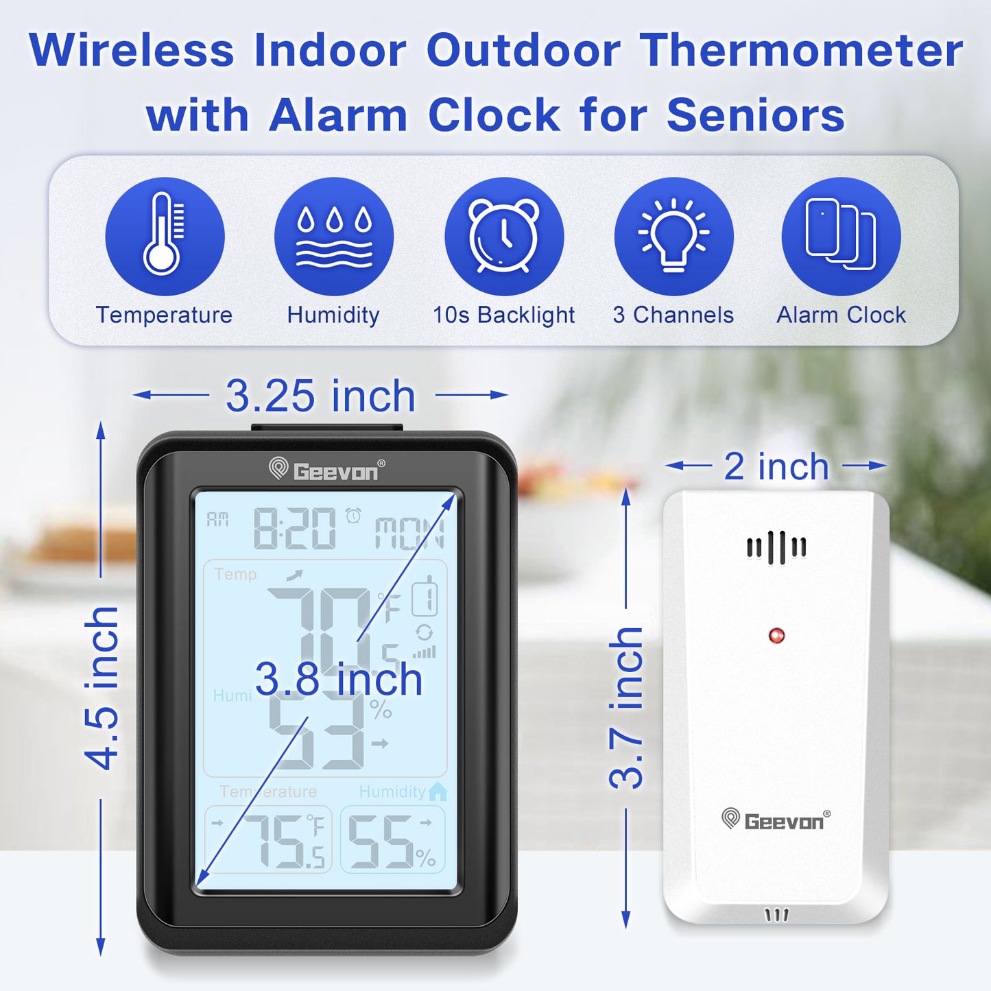 Geevon Indoor Outdoor Thermometer Wireless, Digital Temperature & Humidity Monitor with Alarm Clock, 3.8" Large Display, Backlight, 3 Channels, Battery Operated for Home, Bedroom, Greenhouse