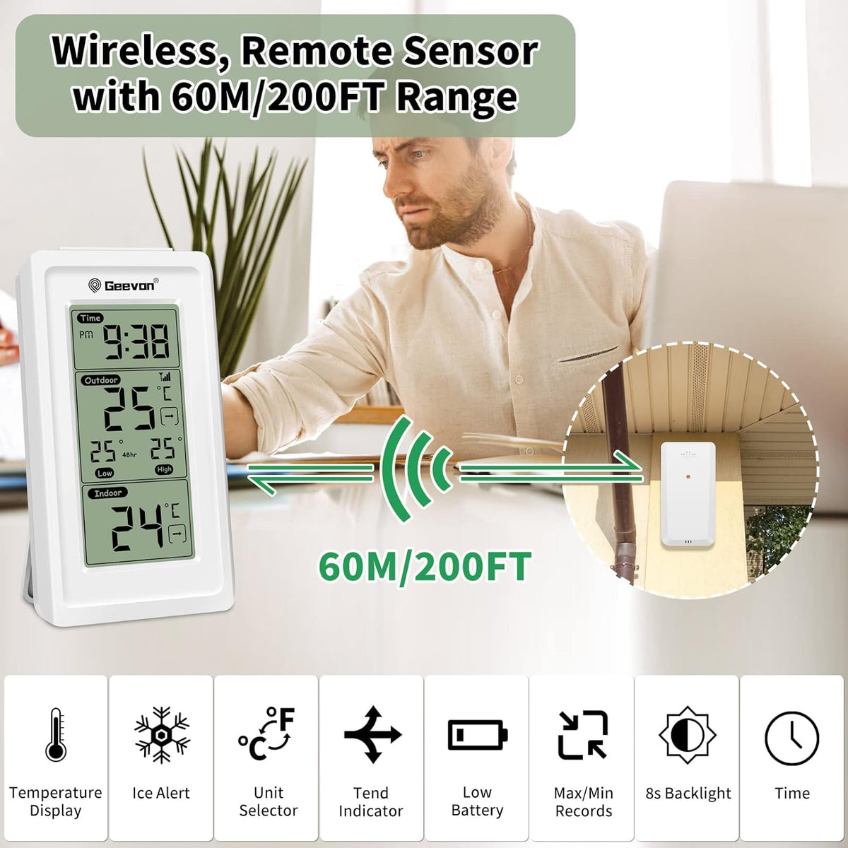 Geevon Indoor Outdoor Thermometer Wireless, Gauge with Time, High and Lows Range Outdoor Temperature Sensor(White)