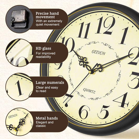 Geevon 12 IN Retro Wall Clock No Ticking Sound, Wall Clock with Quartz Accents and Vintage Patterns, Frame with Gold Border for Kitchen, Bedroom, Office, Classroom, Living Room Decor (Black)