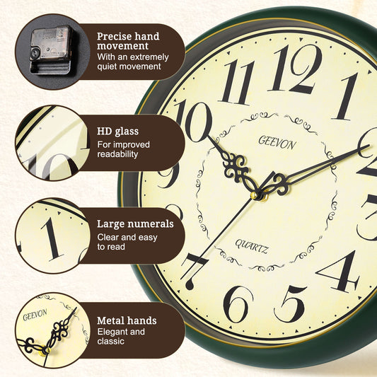 Geevon 12 IN Retro Wall Clock No Ticking Sound, Wall Clock with Quartz Accents and Vintage Patterns, Frame with Gold Border for Kitchen, Bedroom, Office, Classroom, Living Room Decor (Dark Green)