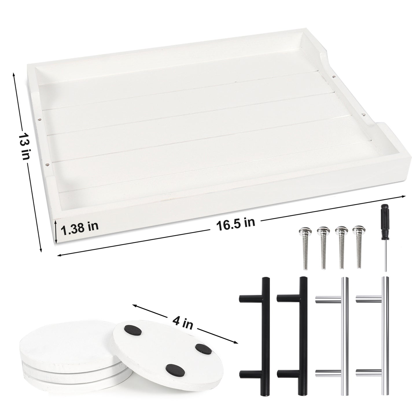 Sxnows Coffee Table Trays - Large Ottoman Tray for Living Room -Wood Serving Tray with 2 Sets of Handles - Wooden Tray for Coffee Table, 4 Round Coasters Included(White)
