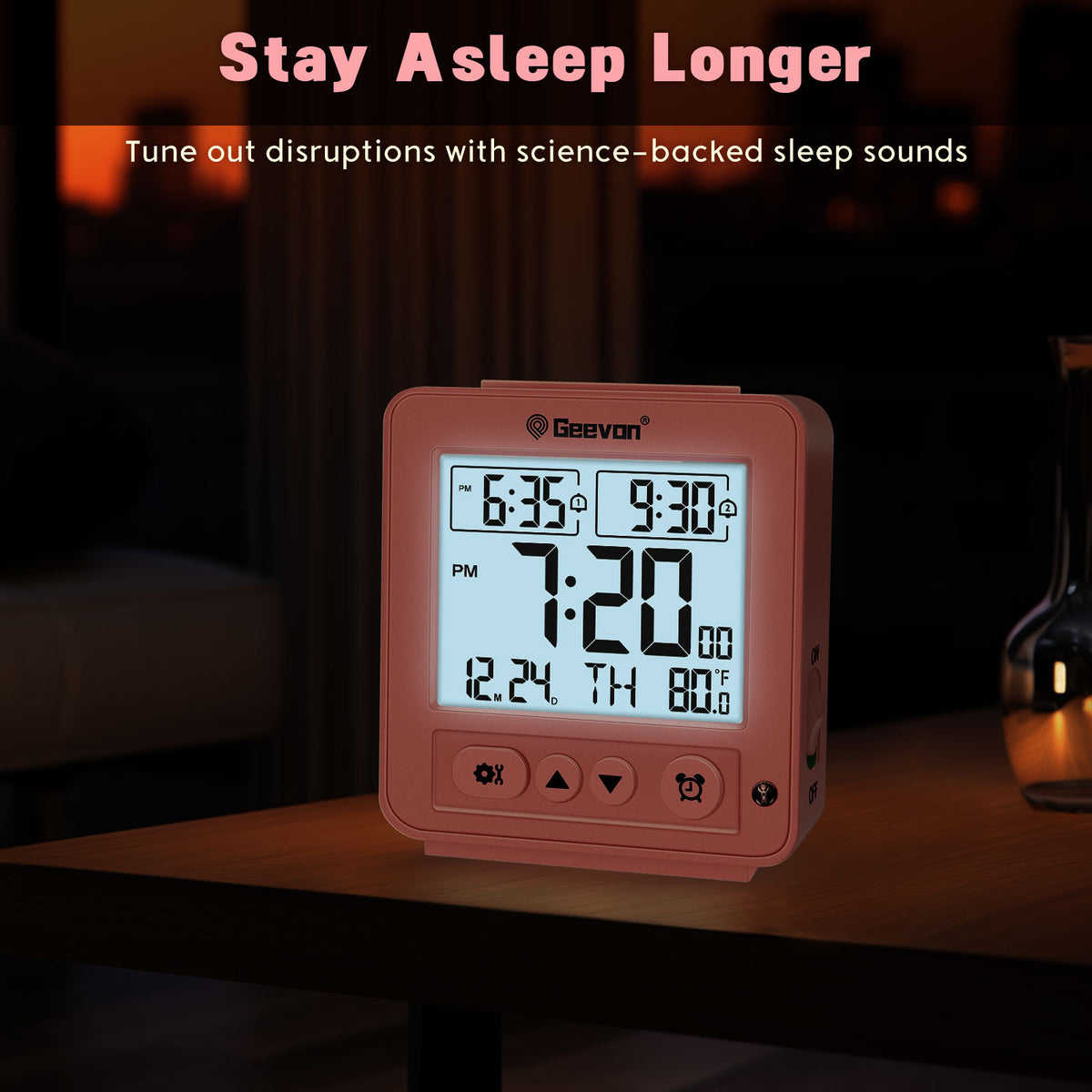 Geevon Smart Night Light Small Digital Alarm Clock with 2 Increasing Beep Alarm, Indoor Temperature, Battery Operated Travel Alarm Clock for Bedroom, Bedside, Desk(Pink)