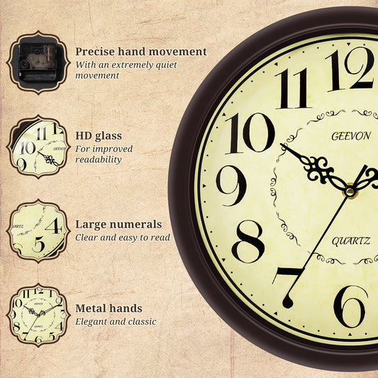 Geevon 12 IN Retro Wall Clock No Ticking Sound, Wall Clock with Quartz Accents and Vintage Patterns, Battery Operated for Kitchen, Bedroom, Office, Classroom, Living Room Decor (Reddish Brown)