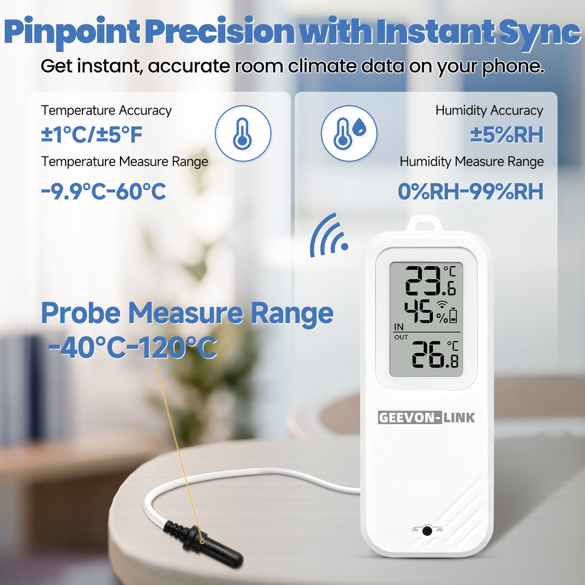 Geevon WiFi Refrigerator Thermometer with Alarm, Freezer Temperature with Probe, Wireless Digital Fridge Thermometer Humidity Sensor, Historical Data Export, for Home Kitchen Fridge Tub(1 Pack)