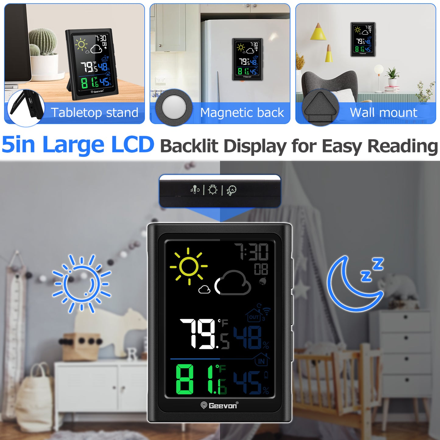 Geevon Indoor Outdoor Thermometer Wireless Weather Station with Color Display, Digital Hygrometer Temperature Humidity Monitor with Alarm Clock and Backlight