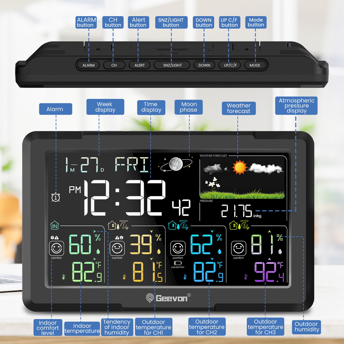 Geevon 7. 5Inch Large Screen Weather Station Wireless Indoor Outdoor Thermometer Hygrometer, With 3 Sensors, Snooze, Digital Weather Thermometer With Alarm Clock Adjustable Backlight