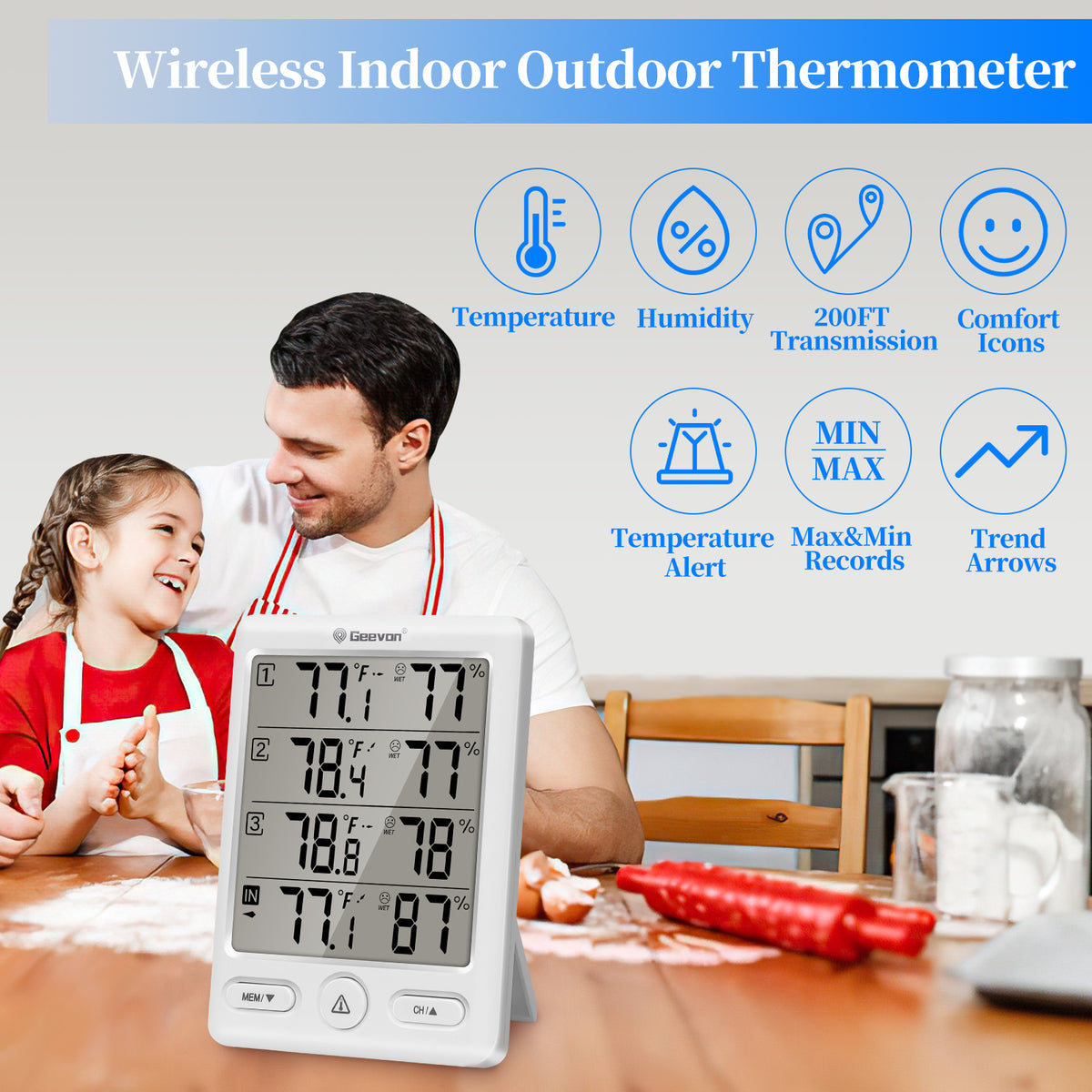 Geevon Indoor Outdoor Thermometer Wireless with 3 Remote Sensors, Wireless Thermohygrometer, Digital Temperature Humidity Meter with 200FT/60M Range(White)