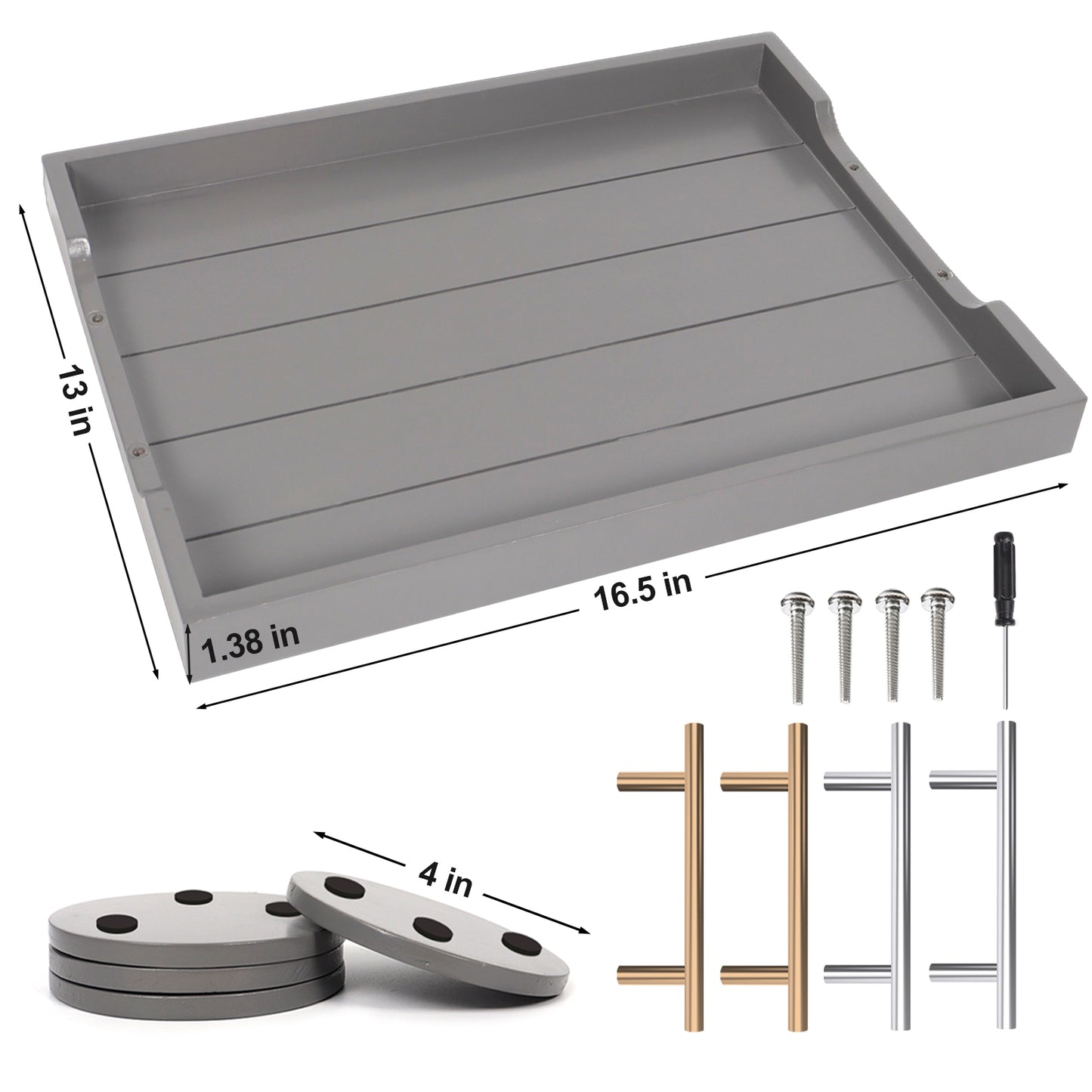 Sxnows Coffee Table Trays - Large Ottoman Tray for Living Room -Wood Serving Tray with 2 Sets of Handles - Wooden Tray for Coffee Table, 4 Round Coasters Included(Gray)