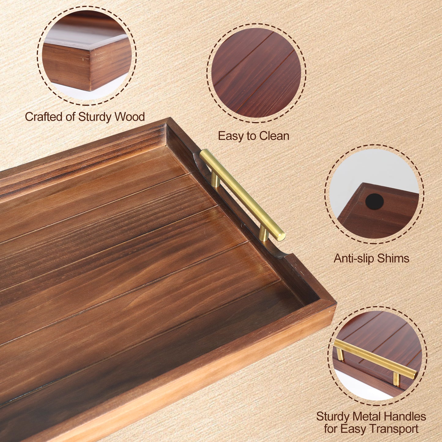 Sxnows Coffee Table Trays - Large Ottoman Tray for Living Room -Wood Serving Tray with 2 Sets of Handles - Wooden Tray for Coffee Table, 4 Round Coasters Included(Dark Brown)