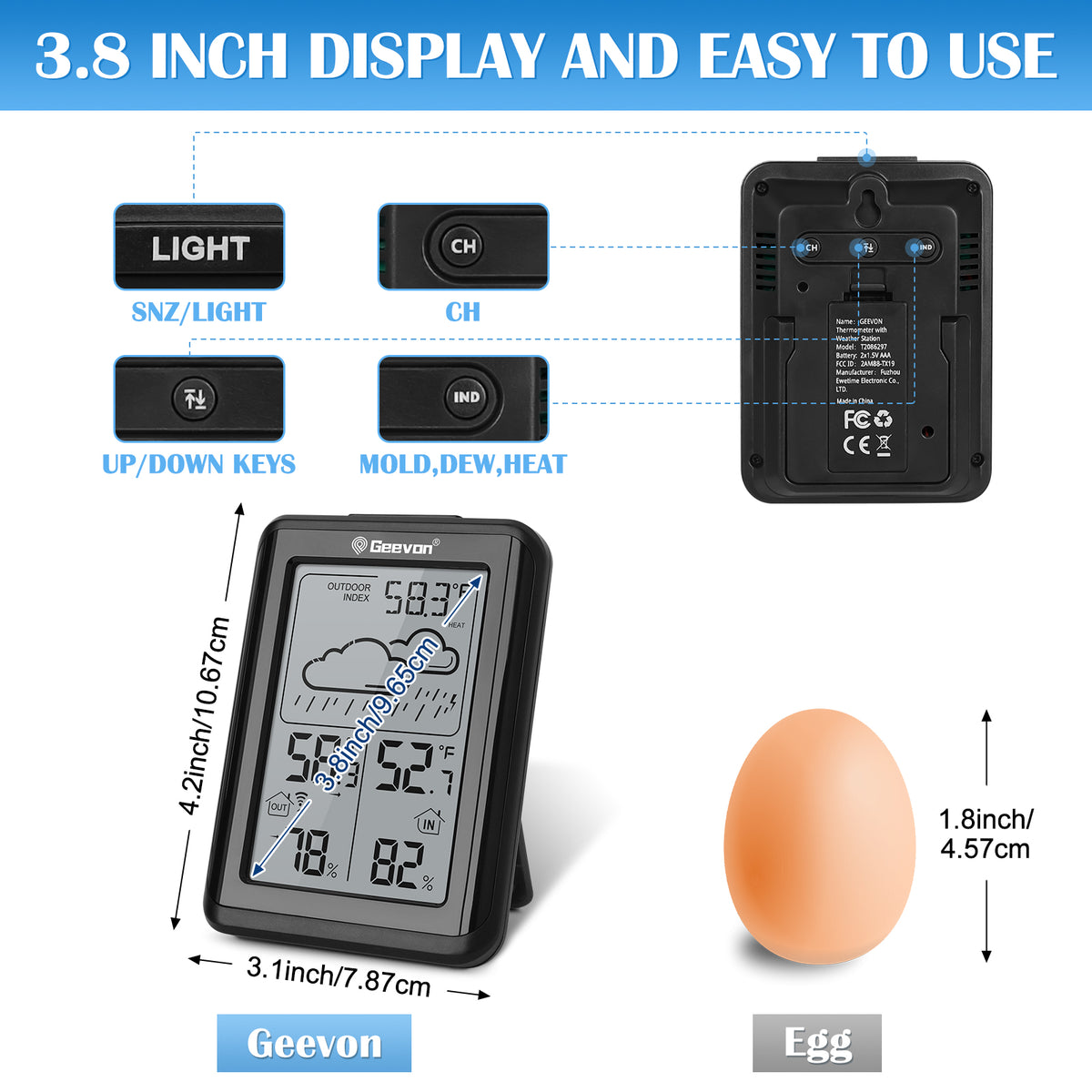 Geevon Indoor Outdoor Thermometer Wireless, Digital Temperature Humidity Monitor with Large Display, Thermohygrometer with Weather, 3 Channel, Mold/Dew/Heat, 10s Backlight, 200FT/60M Range