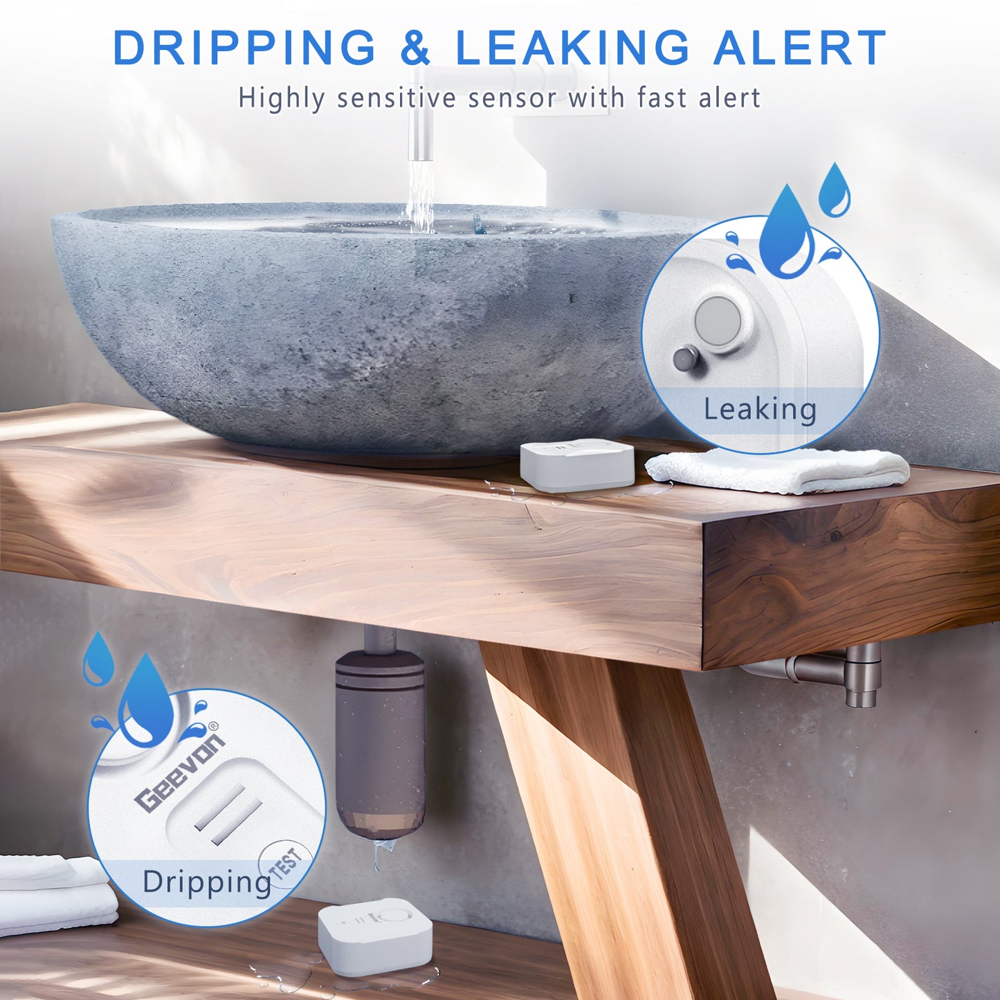 Geevon 3 Pack Water Leak Detectors for Home, 100dB Loud Water Sensor Alarm Leak Detectors with Drip Alert for Kitchen, Basements, Laundry Rooms, IP56 Waterproof(Battery Included)