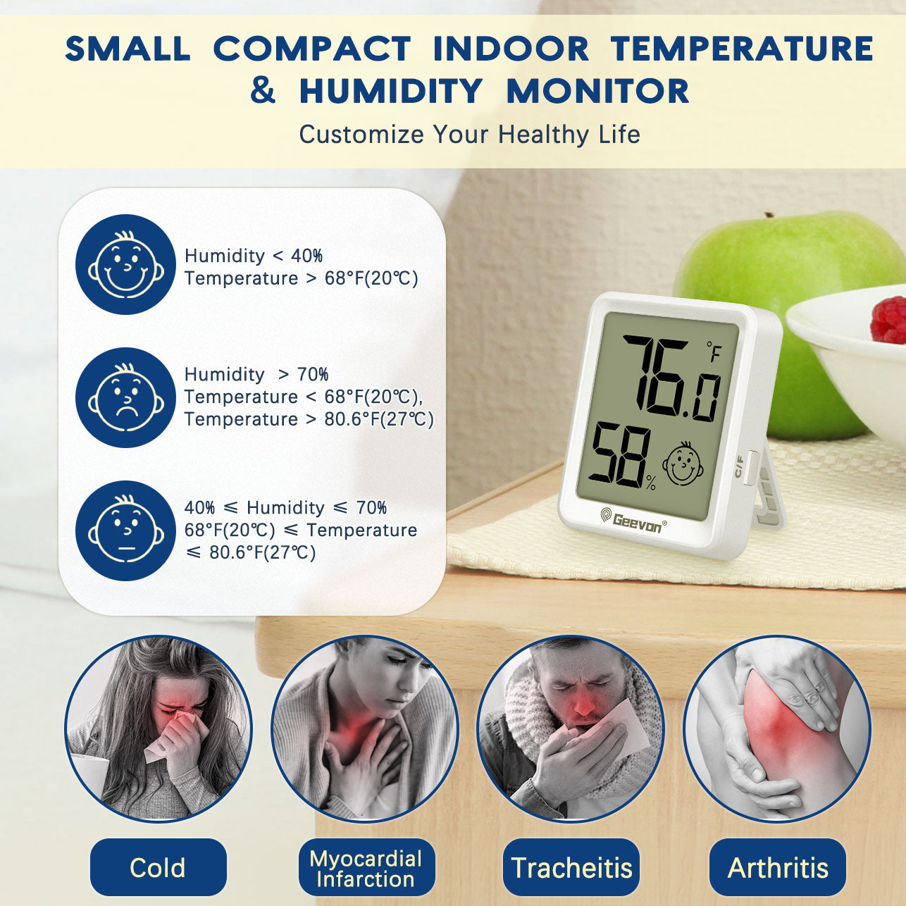Geevon 6 Pack Digital Hygrometer Indoor Thermohygrometer , Room Thermometer Humidity Meter for Home, Bedroom, Baby Room, Office, Greenhouse, Cellar (White)