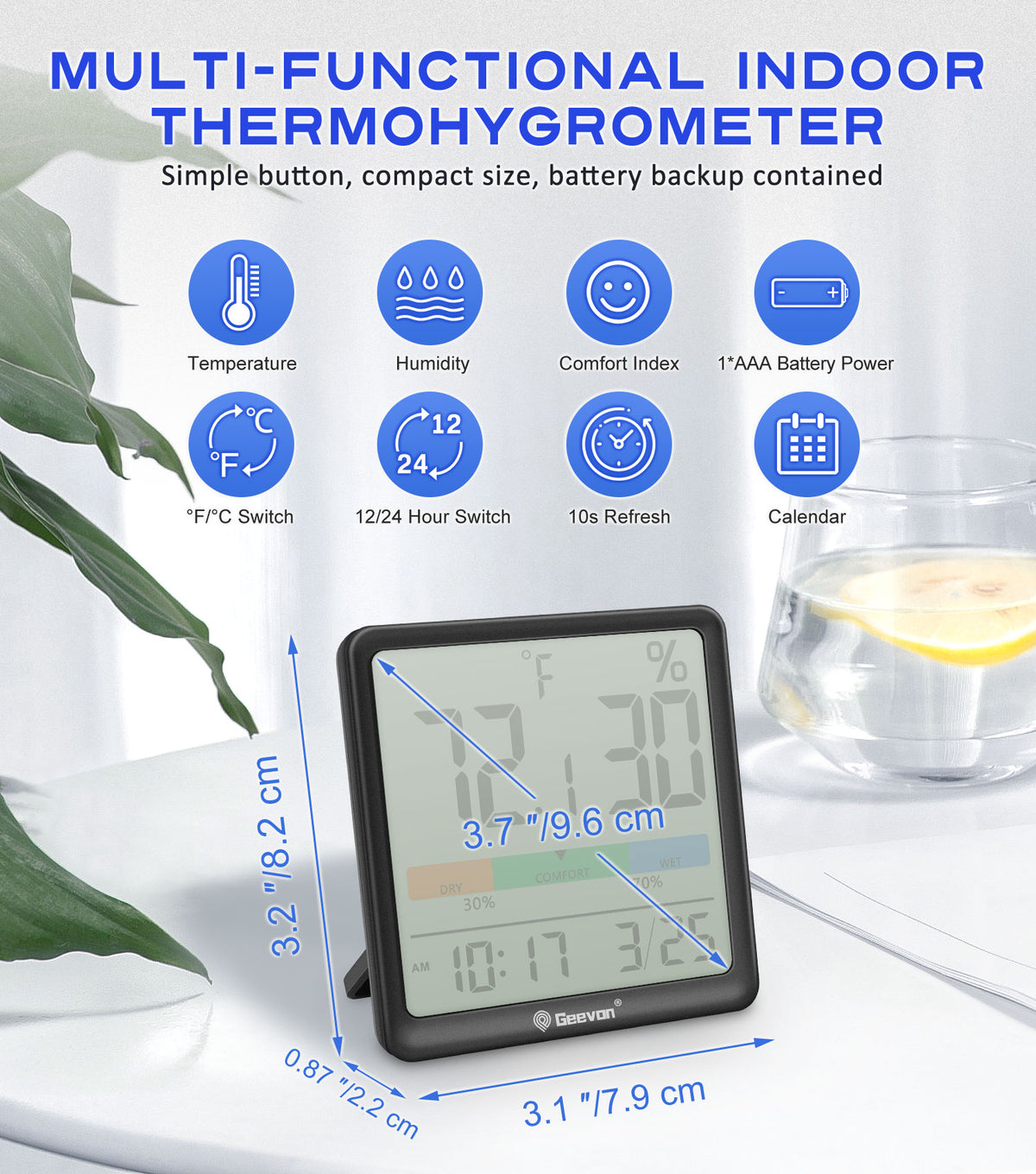 Geevon Digital Indoor Thermometer Hygrometer, Wireless Temperature Humidity Meter with Comfort Index, 1*AAA Battery, Calendar, Small Room Temperature Monitor for Home, Greenhouse, Bedroom(Black)
