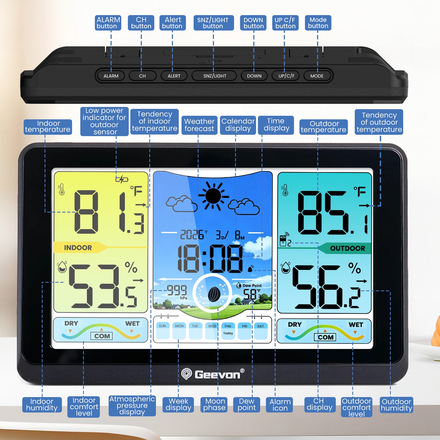 Geevon 7. 5-inch Large Screen Weather Station Wireless Indoor/Outdoor Thermometer Hygrometer with Dew Point, Heat Index, VA Display, Digital Weather Temperature Thermometer