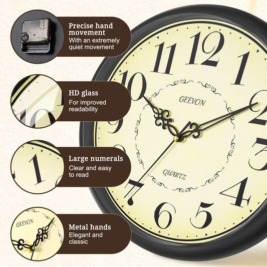 Geevon 12 IN Retro Wall Clock No Ticking Sound, Wall Clock with Quartz Accents and Vintage Patterns, Battery Operated for Kitchen, Bedroom, Office, Classroom, Living Room Decor (Black)