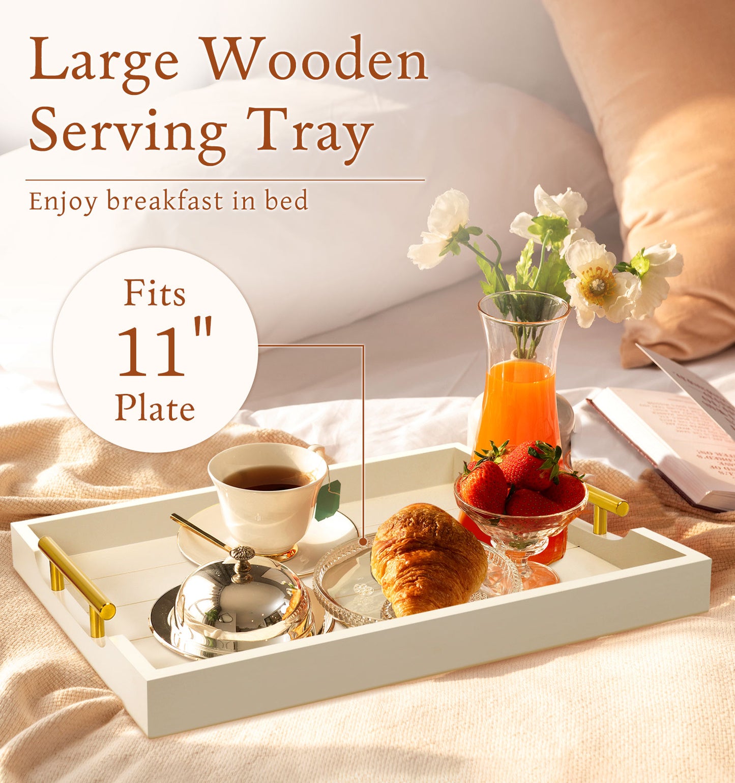 Sxnows Coffee Table Trays - Large Ottoman Tray for Living Room -Wood Serving Tray with 2 Sets of Handles - Wooden Tray for Coffee Table, 4 Round Coasters Included(Off-White)