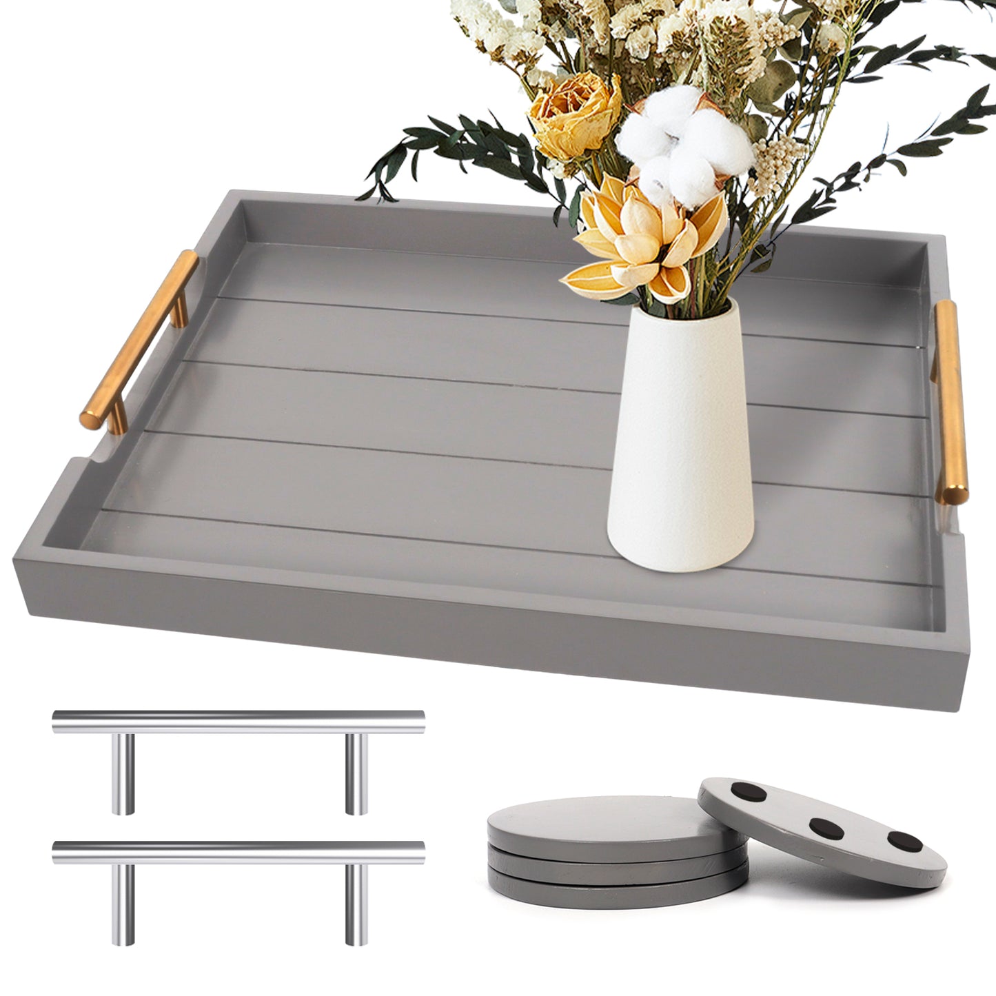 Sxnows Coffee Table Trays - Large Ottoman Tray for Living Room -Wood Serving Tray with 2 Sets of Handles - Wooden Tray for Coffee Table, 4 Round Coasters Included(Gray)