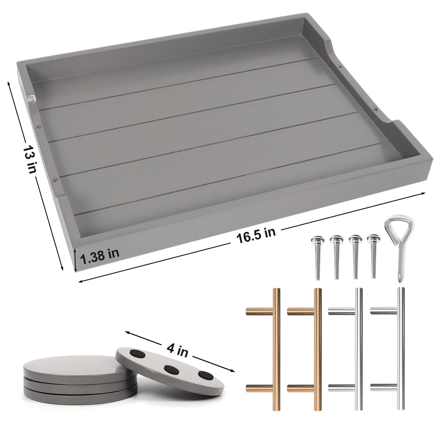 Sxnows Coffee Table Trays - Large Ottoman Tray for Living Room -Wood Serving Tray with 2 Sets of Handles - Wooden Tray for Coffee Table, 4 Round Coasters Included(Gray)