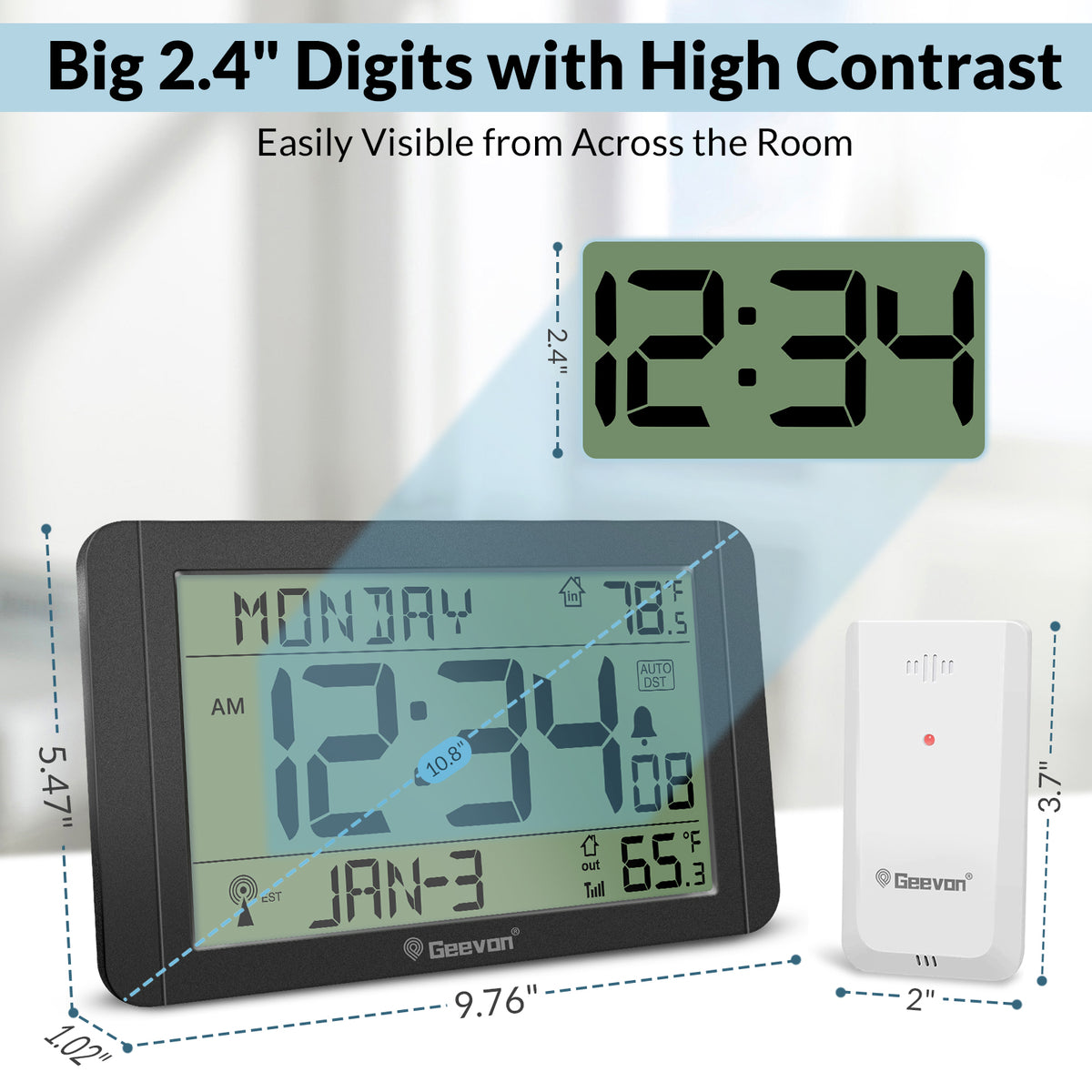 Geevon 10.8'' Atomic Clock with Indoor Outdoor Temperature, Large  Display Digital Wall Clock with Wireless Sensor,  for Bedroom, Office, Kitchen, Living Room, Easy for Seniors to Read