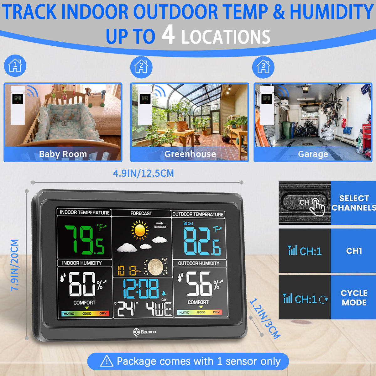 Geevon Weather Station Wireless Indoor Outdoor Thermometer, Color Display Digital Weather Thermometer with Atomic Clock, Barometric Pressure, Calendar, USB Charge, and Backlight