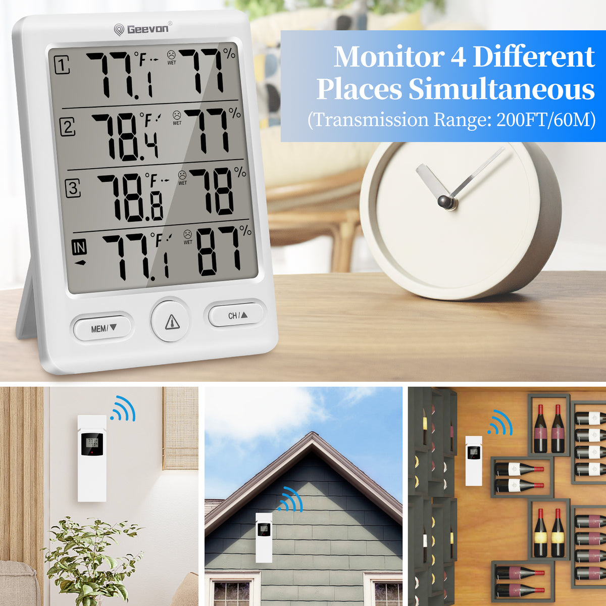 Geevon Indoor Outdoor Thermometer Wireless with 3 Remote Sensors, Wireless Thermohygrometer, Digital Temperature Humidity Meter with 200FT/60M Range(White)