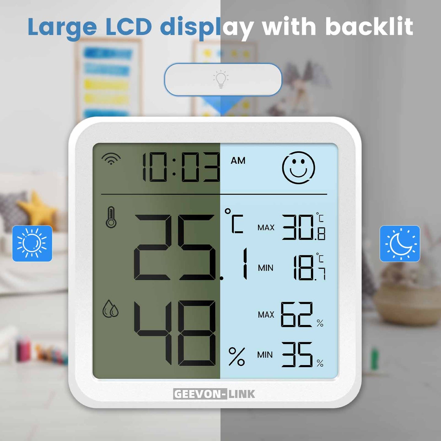 Geevon Indoor WiFi Hygrometer Thermometer, Bluetooth WiFi Humidity Temperature Gauge with Large LCD Display, with Max Min Records, Historical Data Storage and Export for Room Greenhouse(2 Pack )