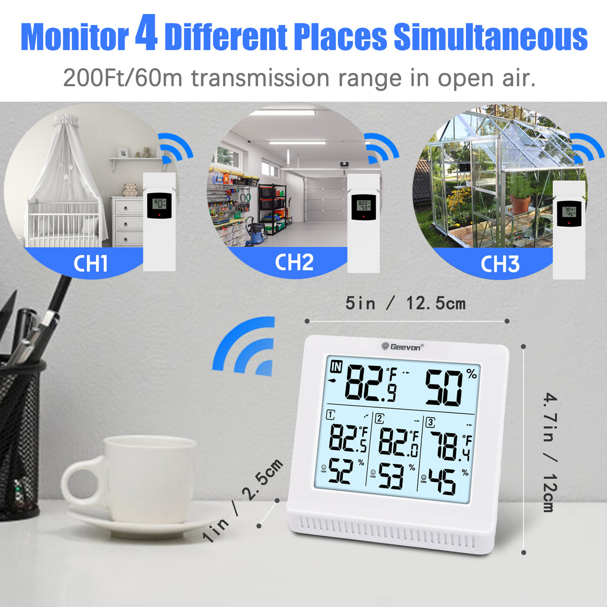 Geevon Indoor Outdoor Thermometer Wireless with 3 Remote Sensors, Wireless Thermohygrometer, Digital Temperature Humidity Meter with Backlight, 200FT/60M Transmission