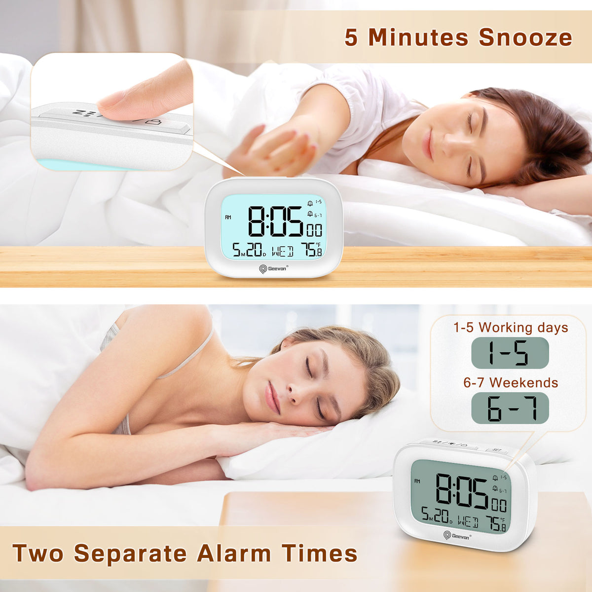 Geevon Small Travel Alarm Clock, Digital Alarm Clocks for Bedrooms Home Office, Battery Operated Desk Clock with 3 Inch Large Display, 2 Alarms, 5s Backlight, Snooze, Indoor Temperature(White)