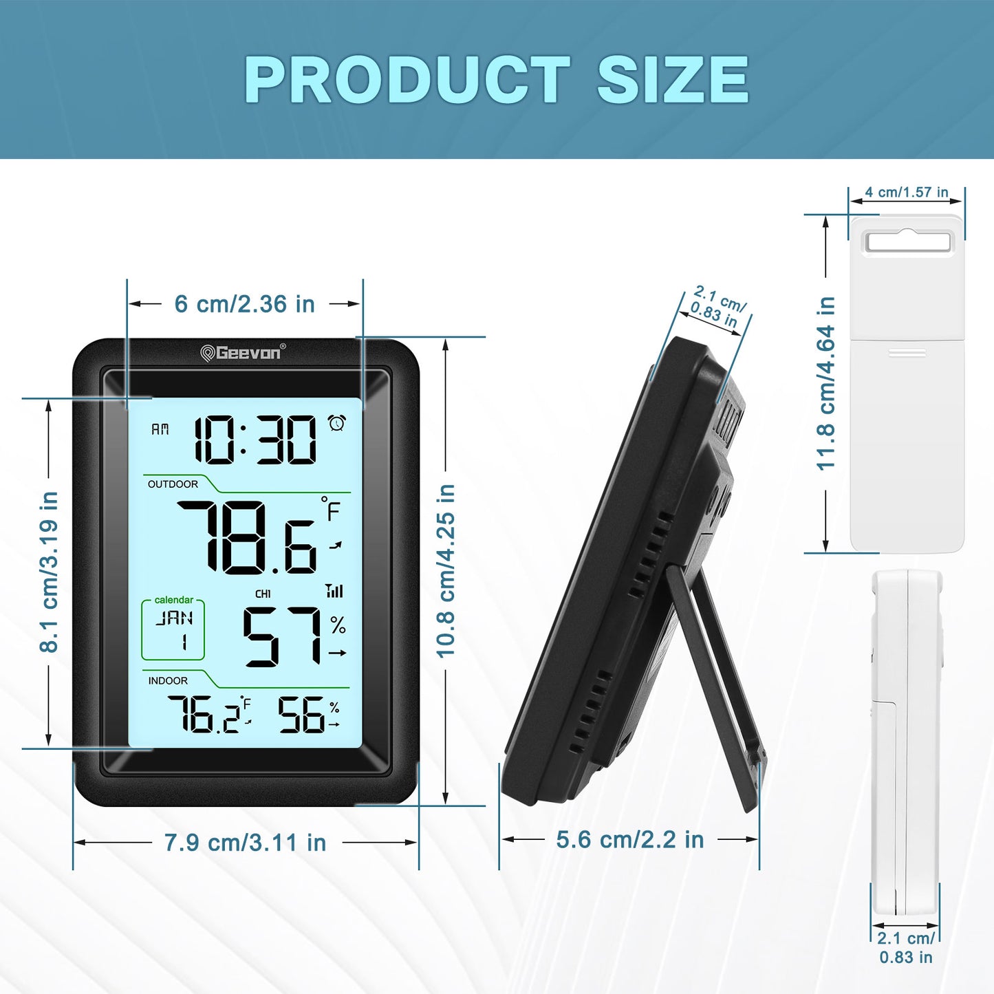Geevon Wireless Indoor Outdoor Thermometer & Hygrometer with Remote Sensor, Digital Thermohygrometer Monitor with Alarm Clock, 10s Backlight, for Home, Bedroom, Greenhouse