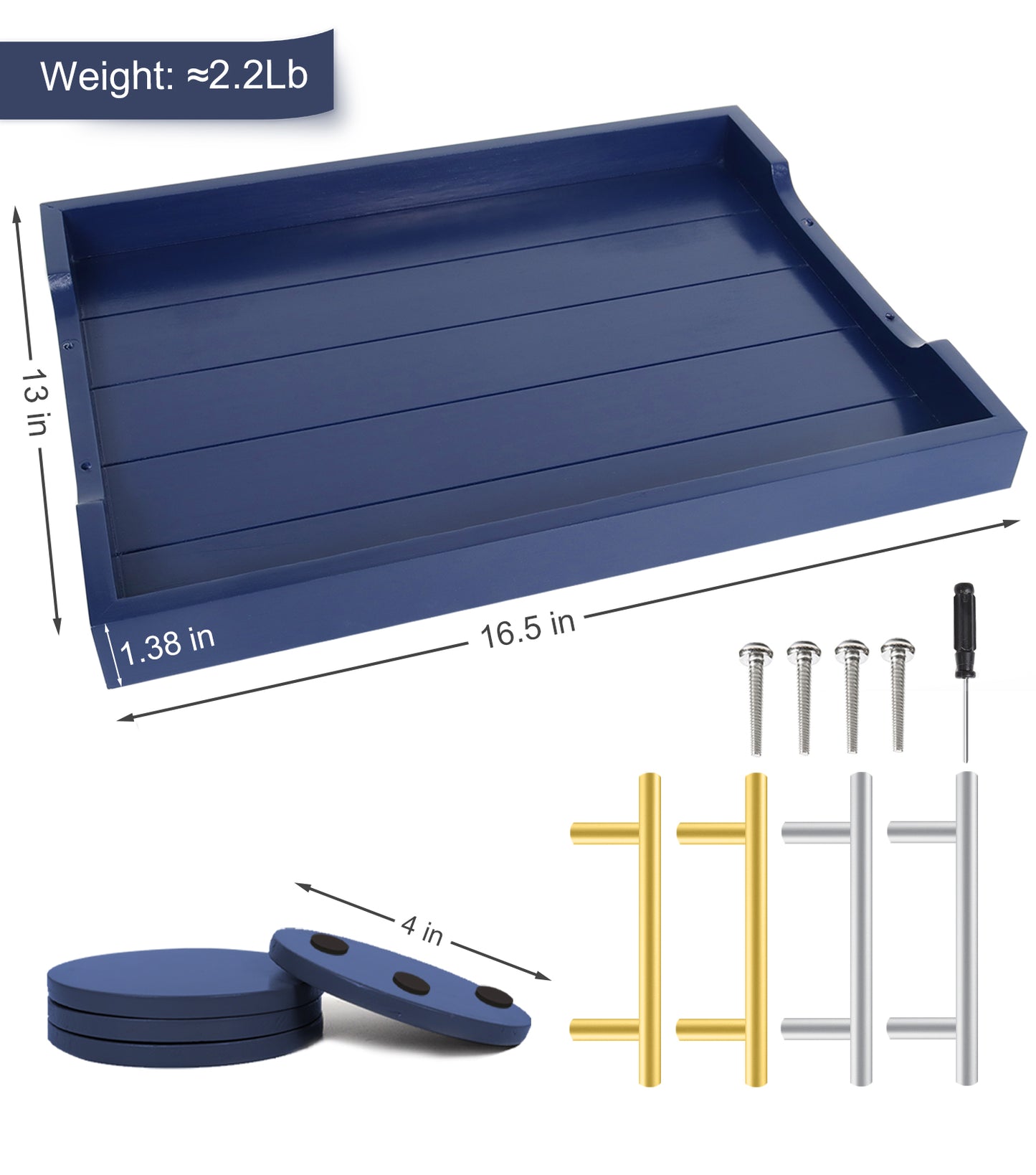 Sxnows Coffee Table Trays - Large Ottoman Tray for Living Room -Wood Serving Tray with 2 Sets of Handles - Wooden Tray for Coffee Table, 4 Round Coasters Included(Deep Blue)