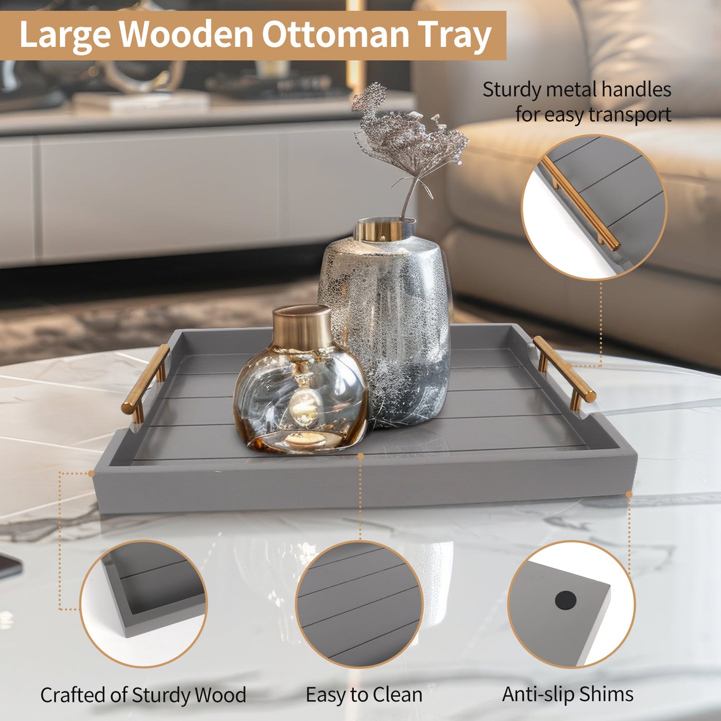 Sxnows Coffee Table Trays - Large Ottoman Tray for Living Room -Wood Serving Tray with 2 Sets of Handles - Wooden Tray for Coffee Table, 4 Round Coasters Included(Gray)