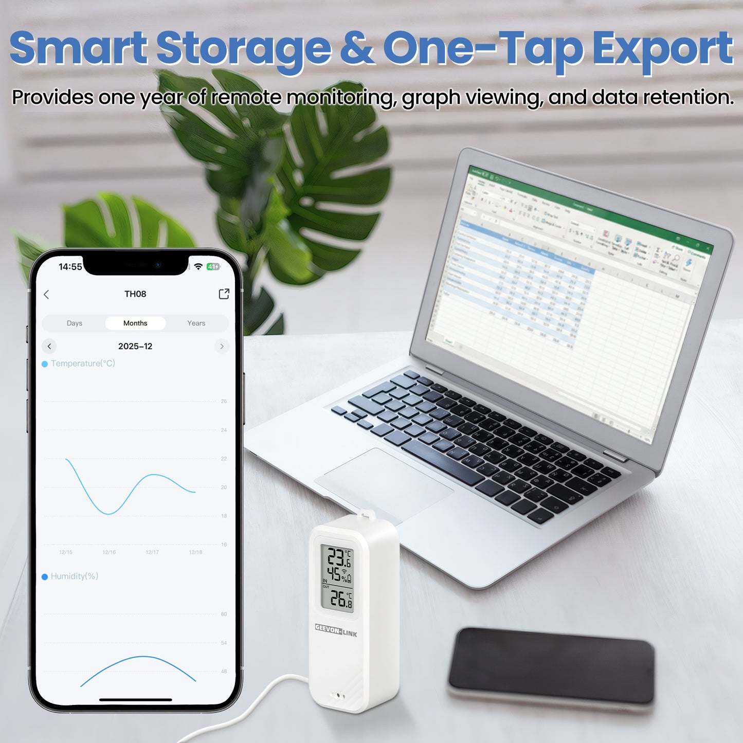 Geevon WiFi Refrigerator Thermometer with Alarm, Freezer Temperature with Probe, Wireless Digital Fridge Thermometer Humidity Sensor, Historical Data Export, for Home Kitchen Fridge Tub(1 Pack)