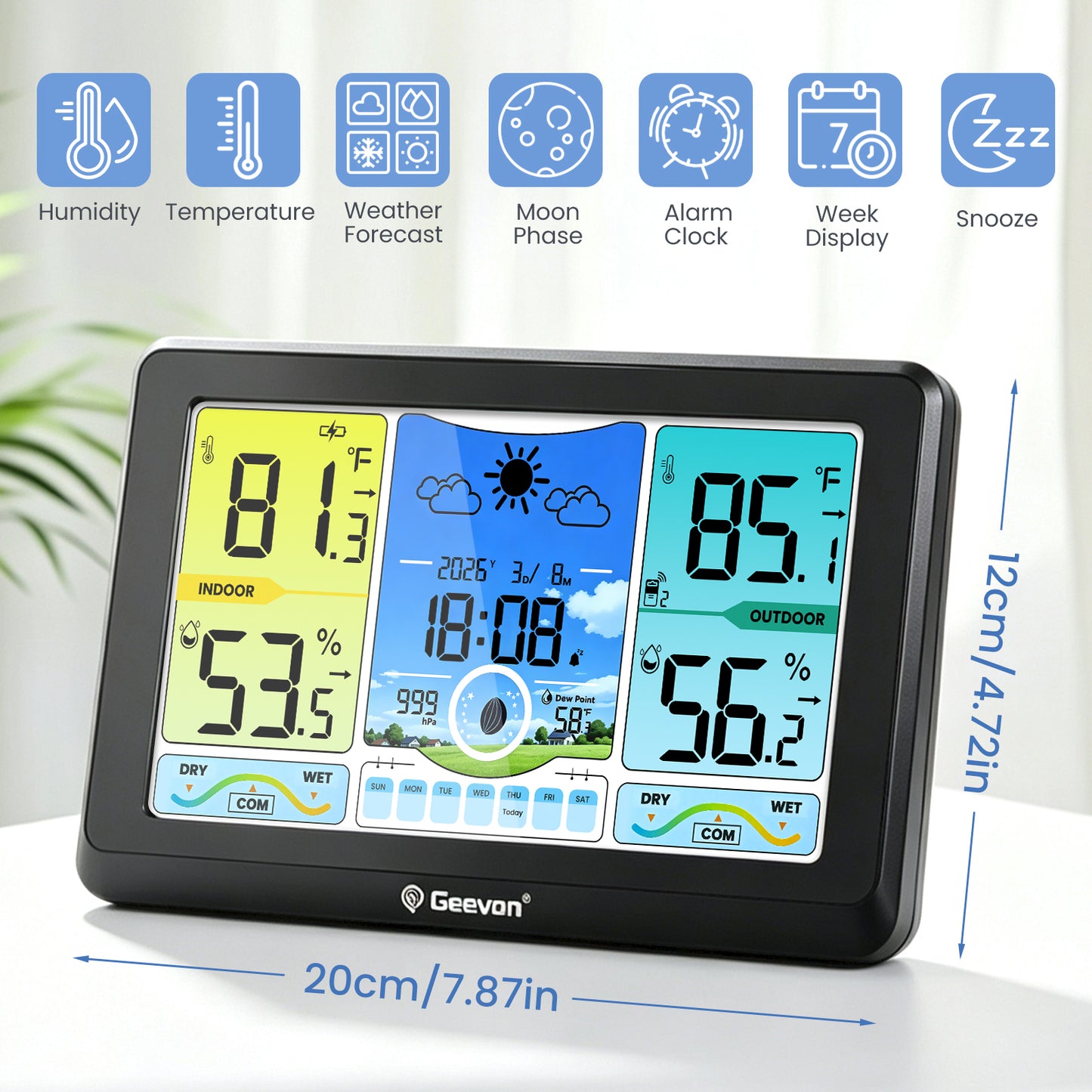 Geevon 7. 5-inch Large Screen Weather Station Wireless Indoor/Outdoor Thermometer Hygrometer with Dew Point, Heat Index, VA Display, Digital Weather Temperature Thermometer