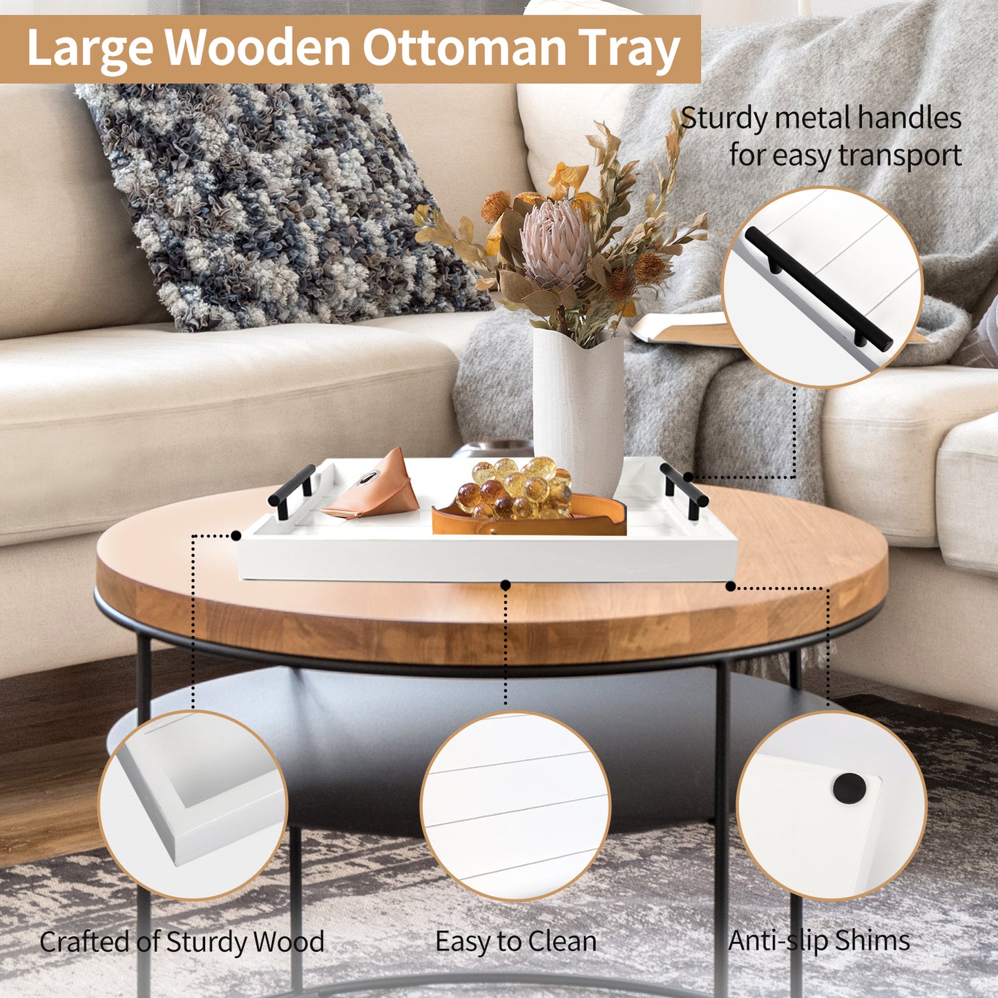Sxnows Coffee Table Trays - Large Ottoman Tray for Living Room -Wood Serving Tray with 2 Sets of Handles - Wooden Tray for Coffee Table, 4 Round Coasters Included(White)