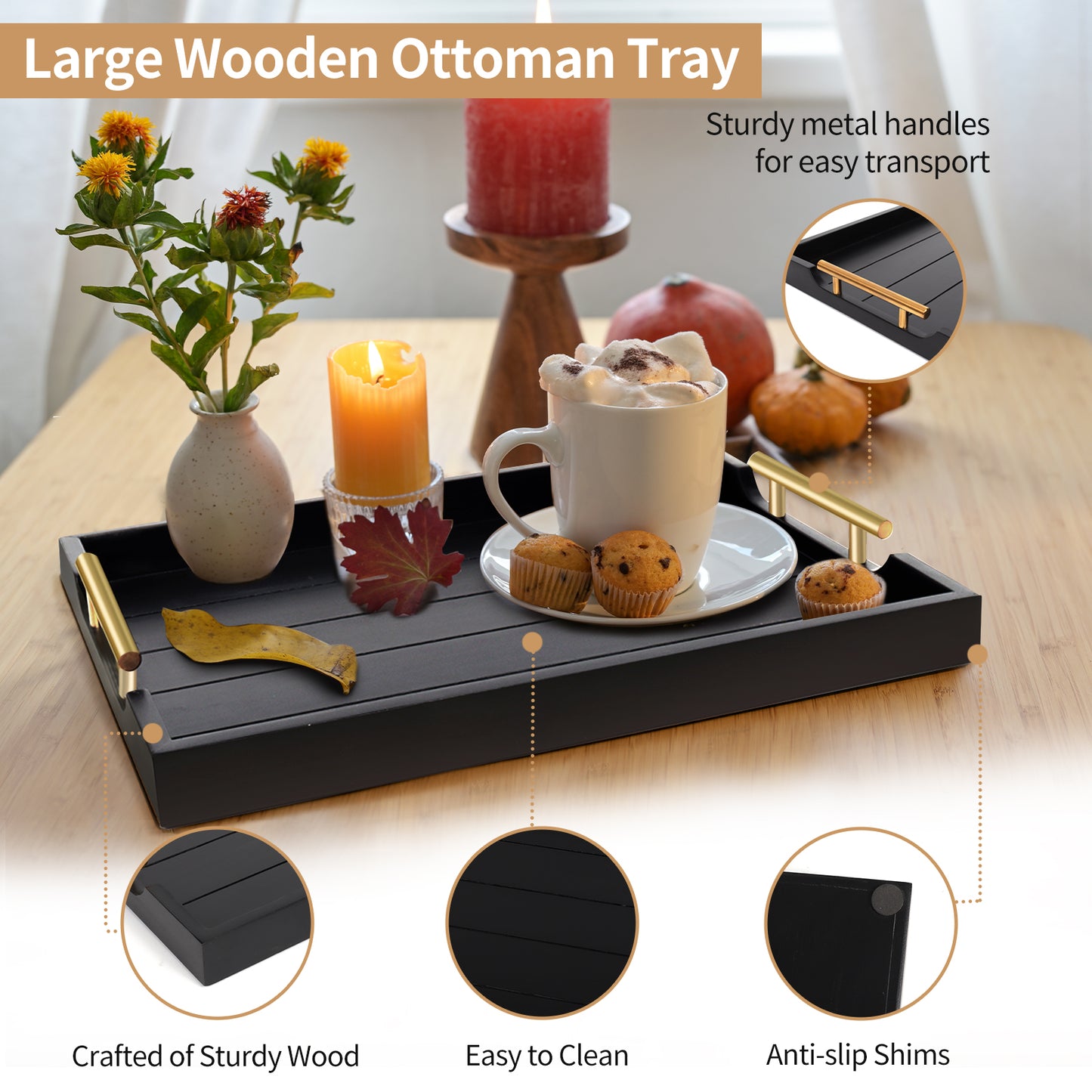 Sxnows Coffee Table Trays - Large Ottoman Tray for Living Room -Wood Serving Tray with 2 Sets of Handles - Wooden Tray for Coffee Table, 4 Round Coasters Included(Black)