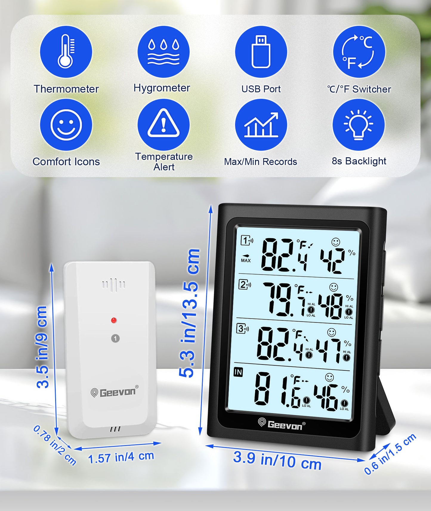 Geevon Indoor Outdoor Thermometer Digital Wireless with 3 Outdoor Sensors, Large LCD Display Digital Temperature Humidity Gauge with Backlight (LCD Display)