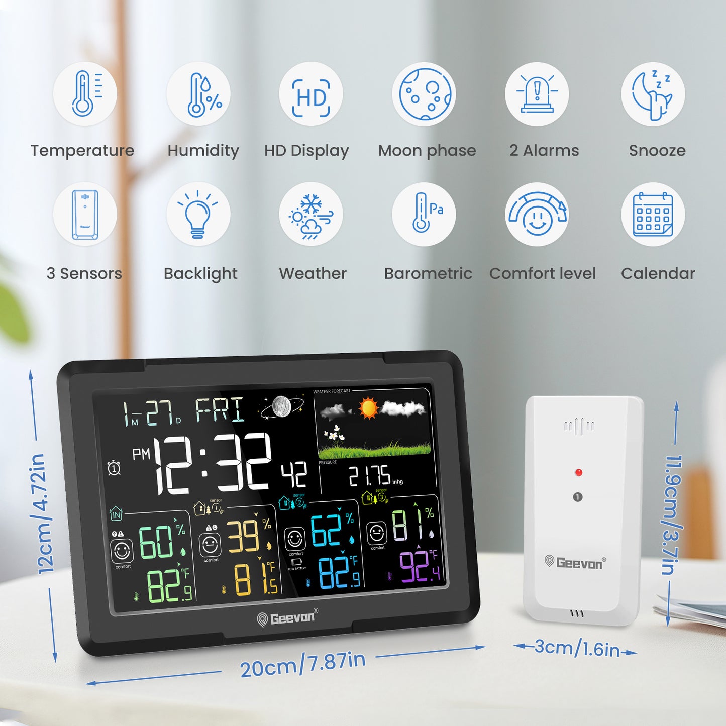 Geevon 7. 5Inch Large Screen Weather Station Wireless Indoor Outdoor Thermometer Hygrometer, With 3 Sensors, Snooze, Digital Weather Thermometer With Alarm Clock Adjustable Backlight