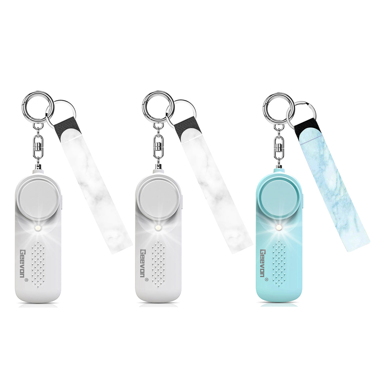 Geevon 3 Pack Personal Safety Alarms, 130DB Safe Sound Self Defense Alarm Siren with Strobe Light, Emergency Security Alert Devices for Women, Elderly, Children (2 Pack White & 1 Pack Mint Green)