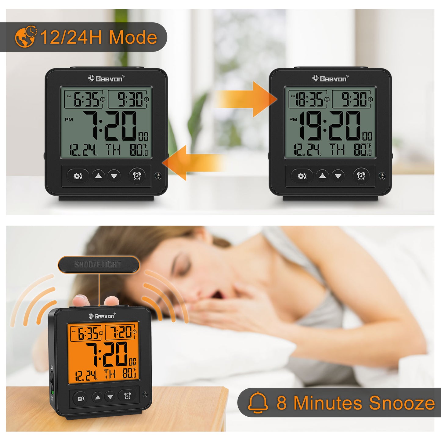 Geevon Smart Night Light Small Digital Alarm Clock with 2 Increasing Beep Alarm, Indoor Temperature, Battery Operated Travel Clock for Bedroom, Bedside, Desk(Black)