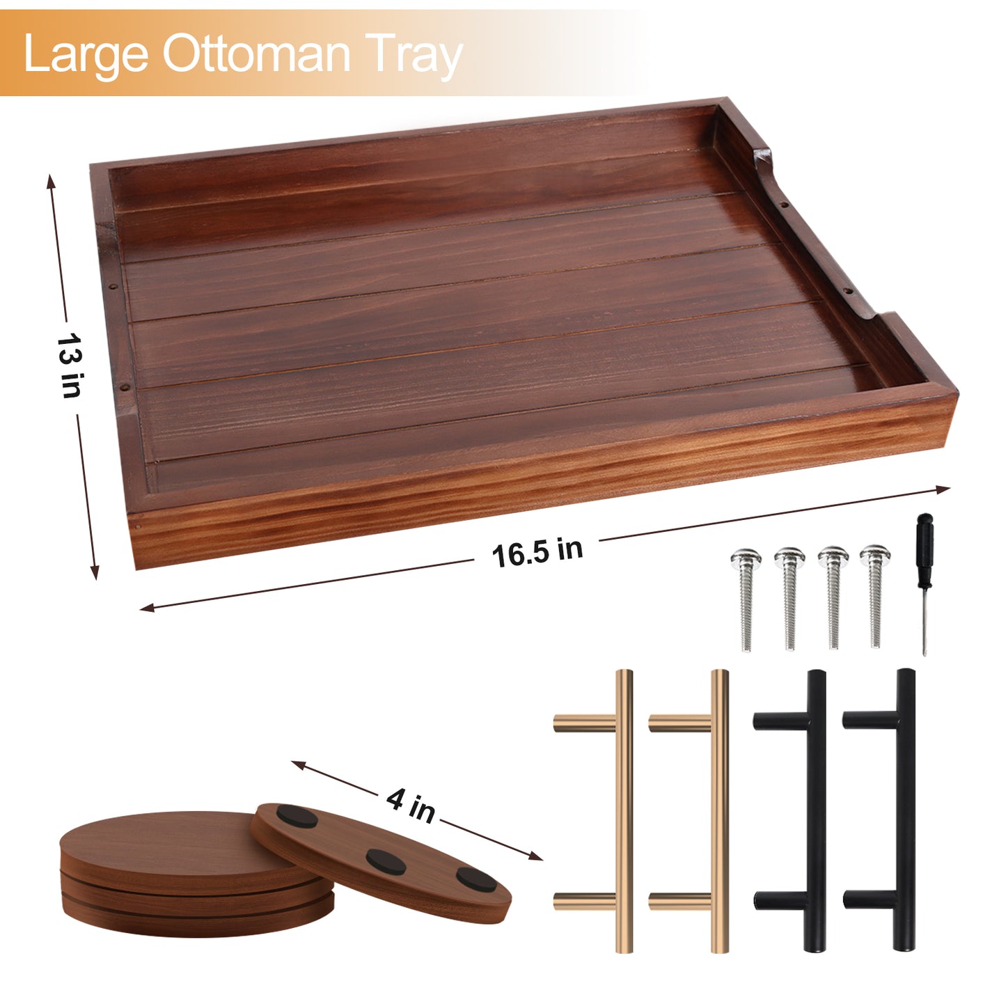 Sxnows Coffee Table Trays - Large Ottoman Tray for Living Room -Wood Serving Tray with 2 Sets of Handles - Wooden Tray for Coffee Table, 4 Round Coasters Included(Dark Brown)