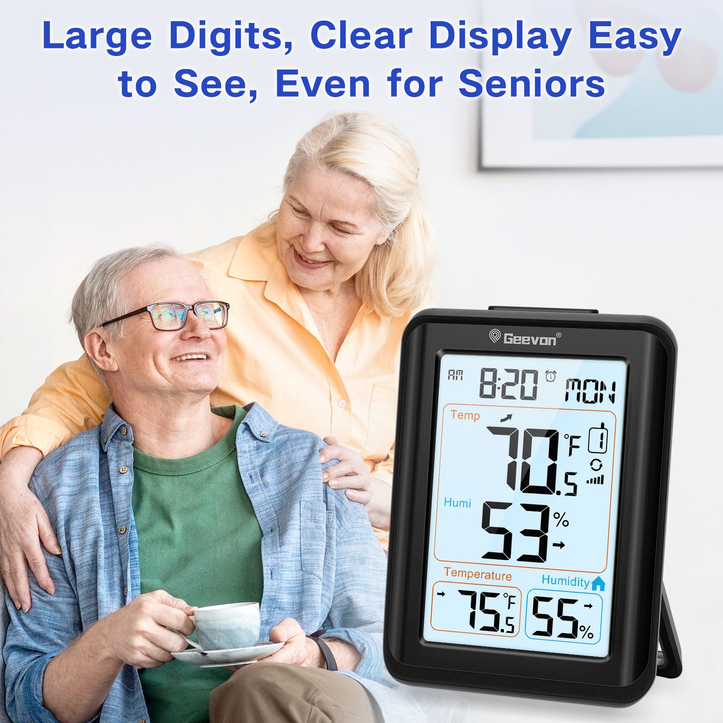 Geevon Indoor Outdoor Thermometer Wireless, Digital Temperature & Humidity Monitor with Alarm Clock, 3.8" Large Display, Backlight, 3 Channels, Battery Operated for Home, Bedroom, Greenhouse