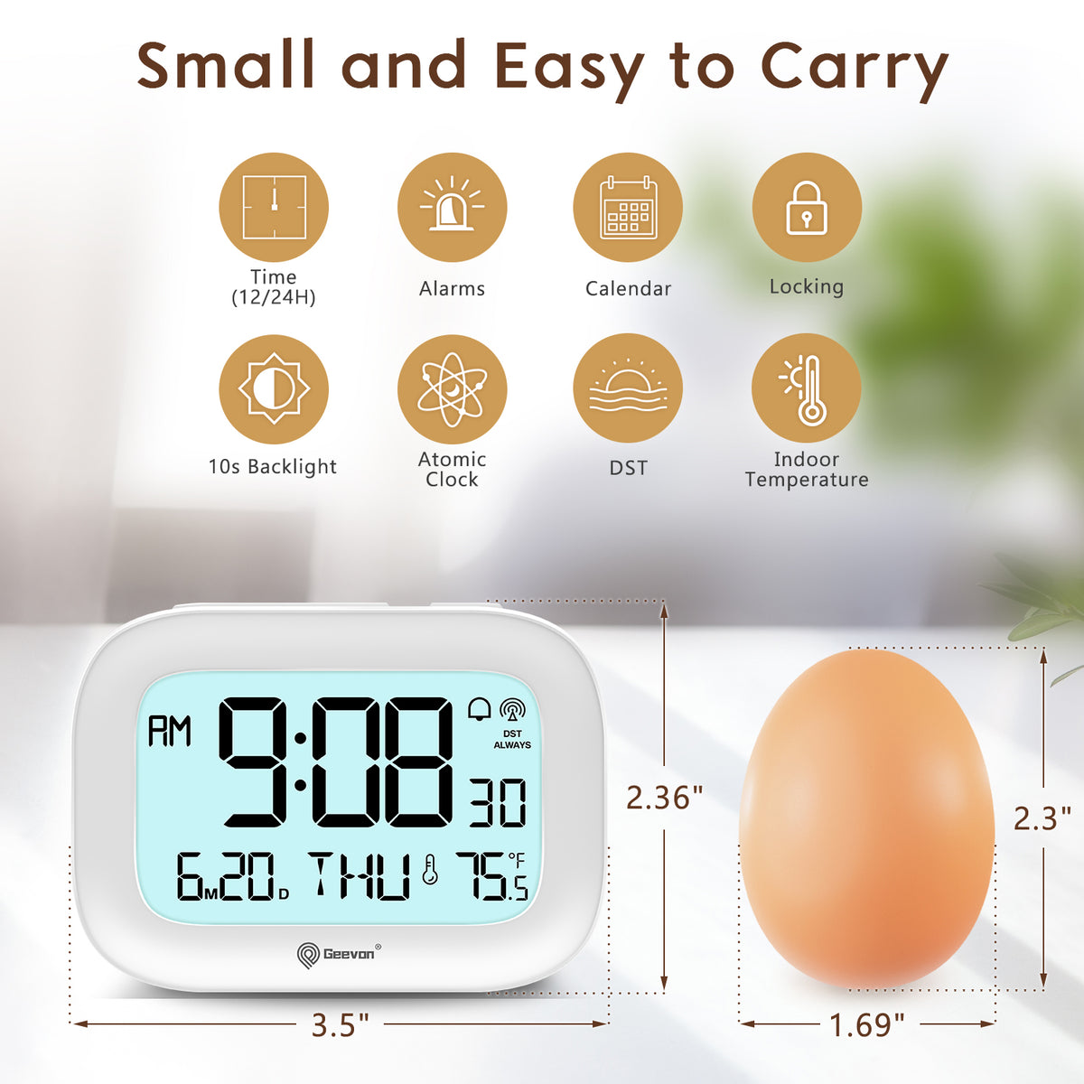 Geevon Small Digital Atomic Alarm Clock for Bedroom Heavy Sleepers, Mini Travel Alarm Clock with 10s Backlight, 12/24H, Temp, Suitable for Kids Teens Adult Boy Girl(White)