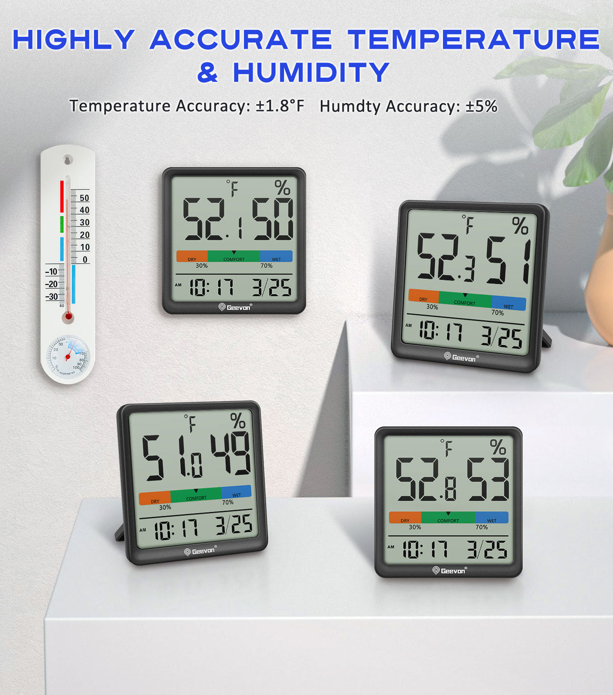 Geevon Digital Indoor Thermometer Hygrometer, Wireless Temperature Humidity Meter with Comfort Index, 1*AAA Battery, Calendar, Small Room Temperature Monitor for Home, Greenhouse, Bedroom(Black)